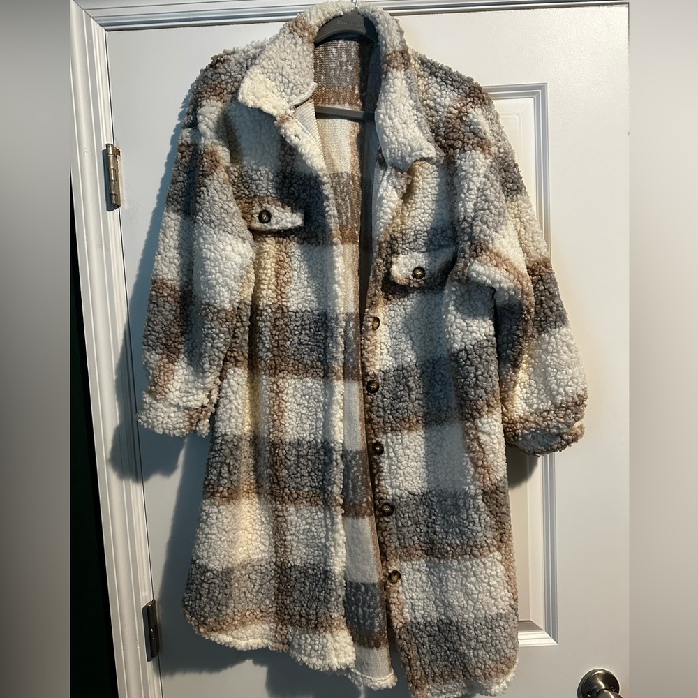 Cozy Plaid Teddy Jacket - Cream and Brown NWOT